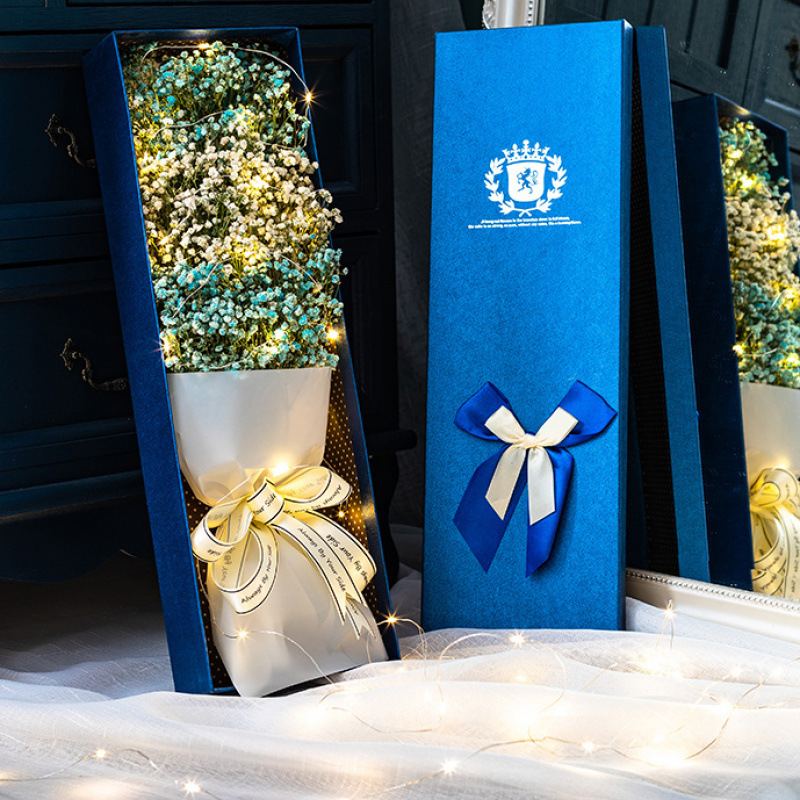 블루 화이트 블루 안개꽃 48cm 선물 상자-꽃다발+선물 상자+LED 조명