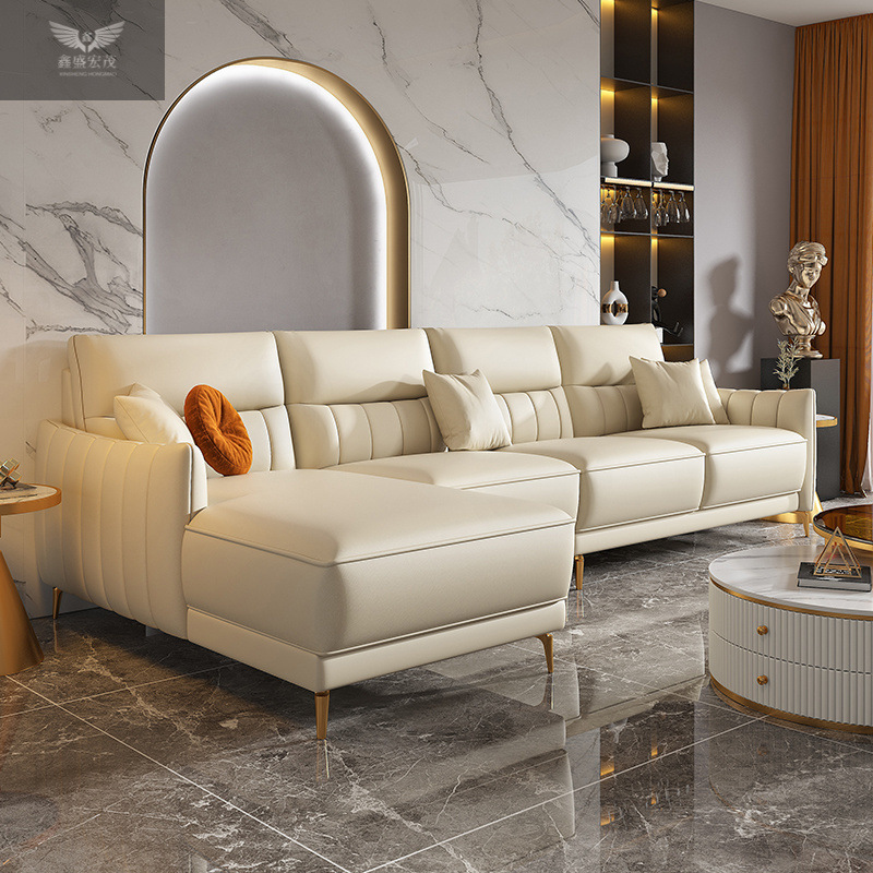 Nuevo sofá de cuero minimalista italiano, primera capa de piel de vaca, sala de estar minimalista moderna, apartamento pequeño, combinación en línea recta