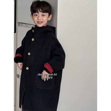 男童儿童帅气连帽中长款毛呢外套2024秋冬新款中大童韩版时髦大衣