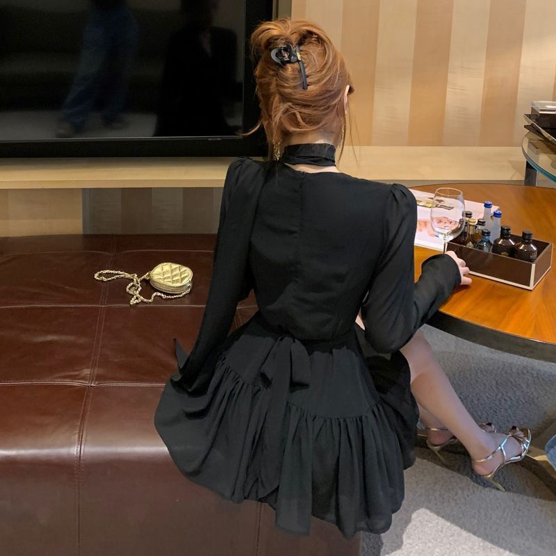 紫色v领长袖雪纺连衣裙女早秋修身气质短裙御姐轻熟风收腰a字裙子|undefined