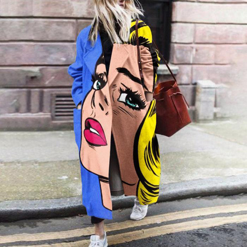 Abrigo de Lana con Estampado y Solapa de Modal Manga Larga para Otoño