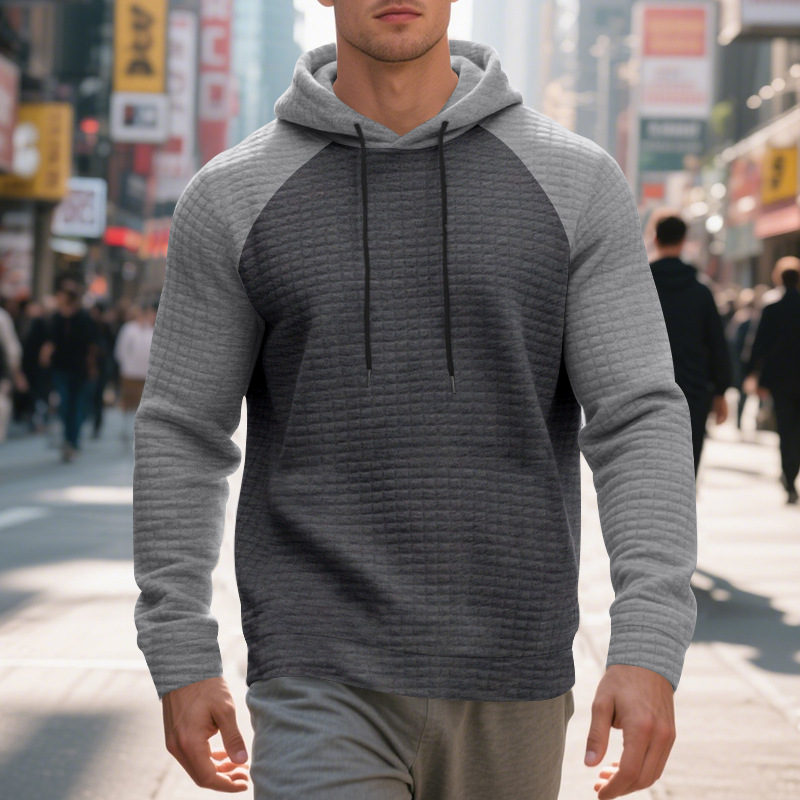 Schweres Kapuzensweatshirt mit Farbblockdesign für Herren, lockere Passform, Pullover mit Kordelzug für lässige Streetwear (Schwarz/Grau, Armeegrün/Beige)_voghion.com