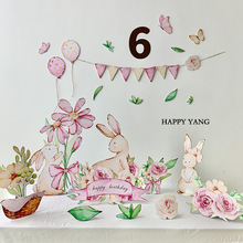 韩国ins漫画风粉色小兔子动物装饰桌面KT板周岁生日背景布置儿童