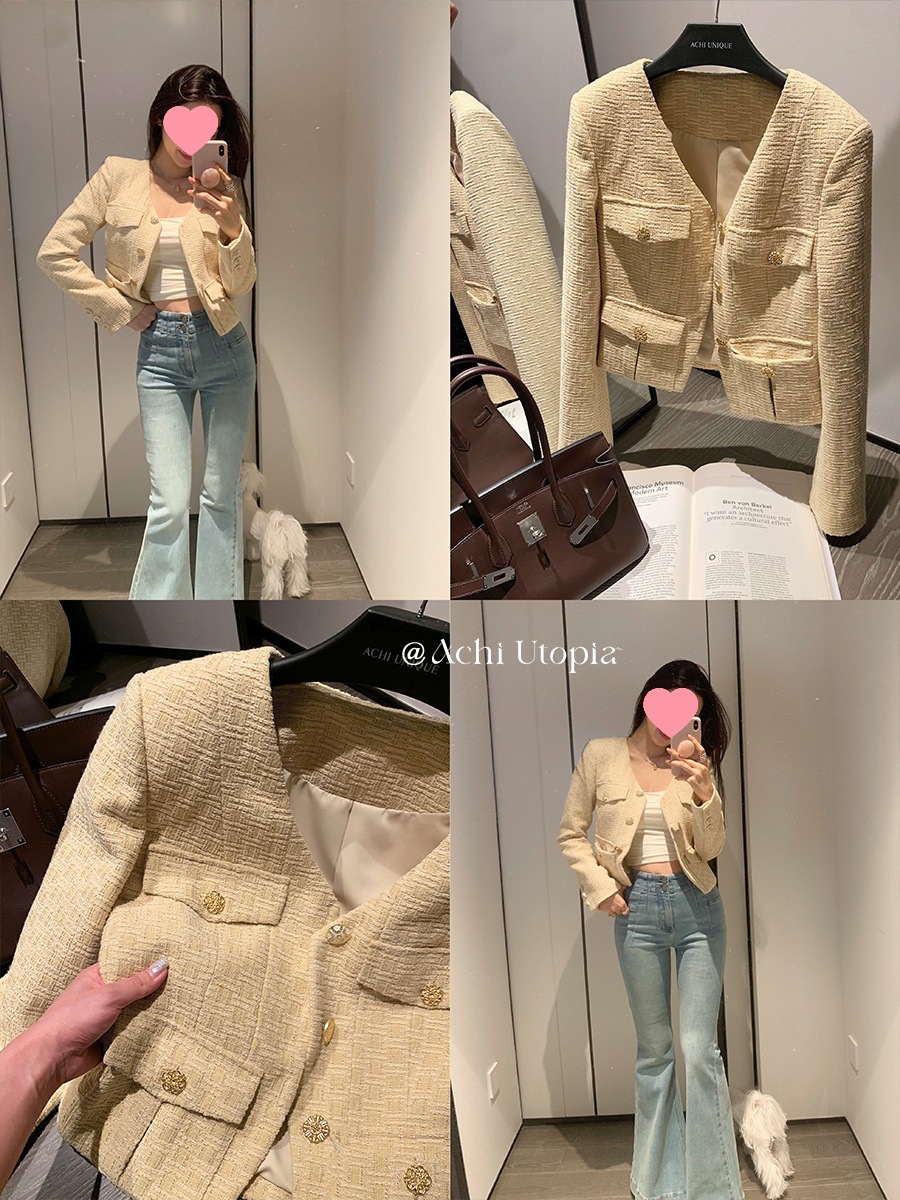 Chi Dayechi Yellow V-Neck Heavy Knit Chanel-Style Short Slim Fit Single-Breasted Tweed Jacket for Women