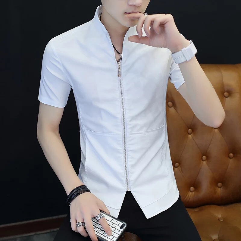 Men's Stand-Up Collar Short-Sleeved T-Shirt, Youth Korean Style Slim Fit Trendy Personalized Shirt Collar Clothing, Men's Summer Half-Sleeve Men's Stand-Up Collar Short-Sleeved T-Shirt, Youth Korean Style Slim Fit Trendy Personalized Shirt Collar Clothing, Men's Summer Half-Sleeve