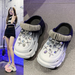 洞洞鞋女夏季時尚外穿重工高端輕奢百搭漸變色水鑽厚底增高涼拖鞋