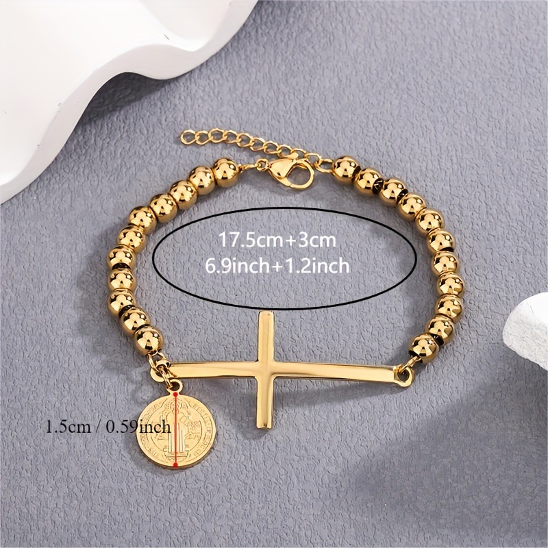 Cross-border Stainless Steel Round Beaded Men's and Women's Bracelet Fadeless Cross Tab Bracelet