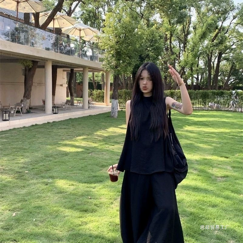 Летний модный комплект 2025: новый свободный повседневный костюм, топ без рукавов, жилет и широкие брюки-кюлоты, свободный двухсоставной набор