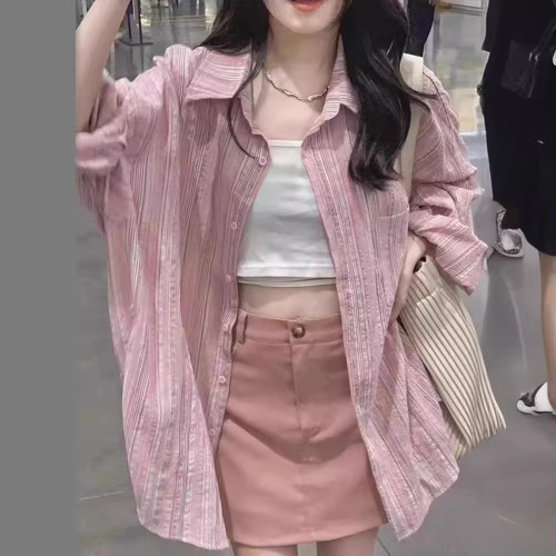 2025 Spring Pink Striped Shirt New Women's Top Design-Oriented Niche Thin-Sleeve Sun Protection Jacket