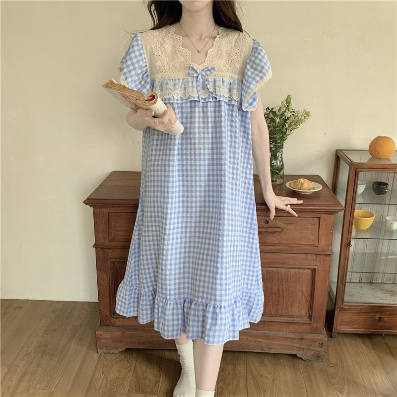 Verano ins Corea del Sur comercio exterior de las mujeres Plaid encaje dulce princesa bordado pesado encaje Home wear traje camisón