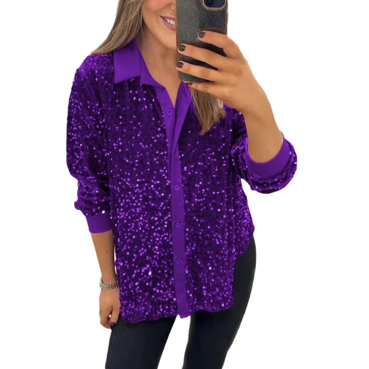 Glitter Collar Button-Up Shirt – Winter Trendy Blouse With Sequin Detailing (Breathable Polyester, Comfort Stretch, Elegant & Edgy Style)_voghion.com