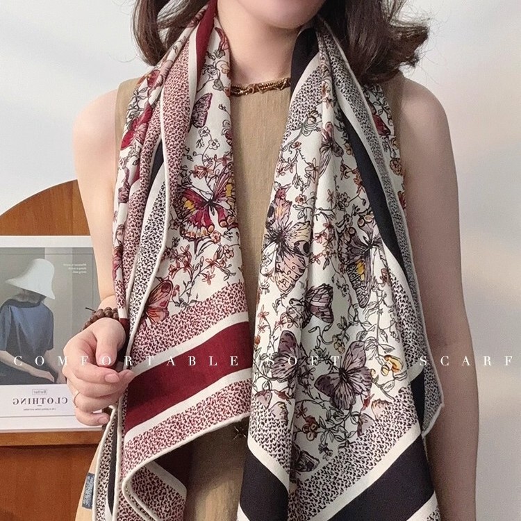 Light Luxury Silk Wool Large Shawl with a High-End Feel, Double-Sided Printed Square Scarf, Soft Silk Wool Scarf with Rolled Edges, Korean-Style Silk Scarf