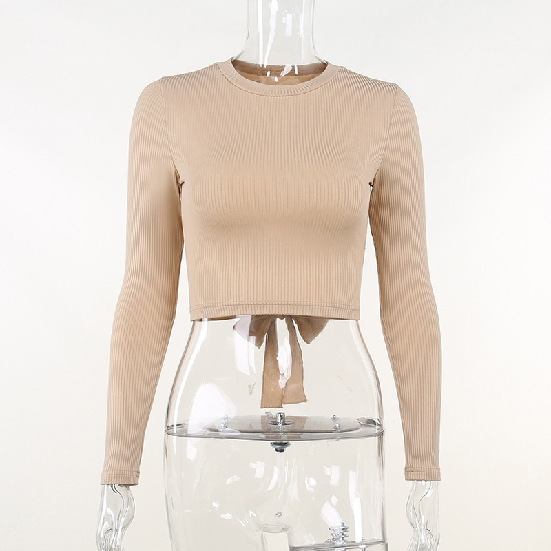 Casual Solid Color Round Neck Long Sleeve Regular Sleeve Patchwork Backless T-shirt