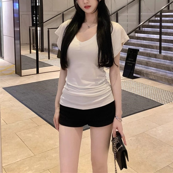 2025 New Summer Slimming Look Small Flying Sleeves and Pile Design Short-Sleeved V Neck T-Shirt