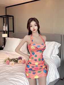 Mesh printed neck hanging suspender beach bag hip dress