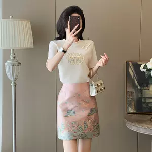 韩版新款套装裙女新中式国风刺绣盘扣短袖T恤提花刺绣A字裙两件套