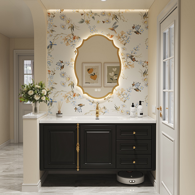 French Retro Bathroom Cream Style Ceramic Integrated Basin Solid Wood Bathroom Sink Hand Washing Bathroom Combination