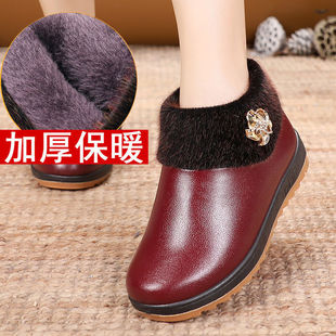 Winter Cotton Shoes Women's Old Beijing Cloth Shoes Leather Surface Waterproof Warm Mother Shoes fleece-lined Soft Sole Middle-aged and Elderly Snow Boots Women