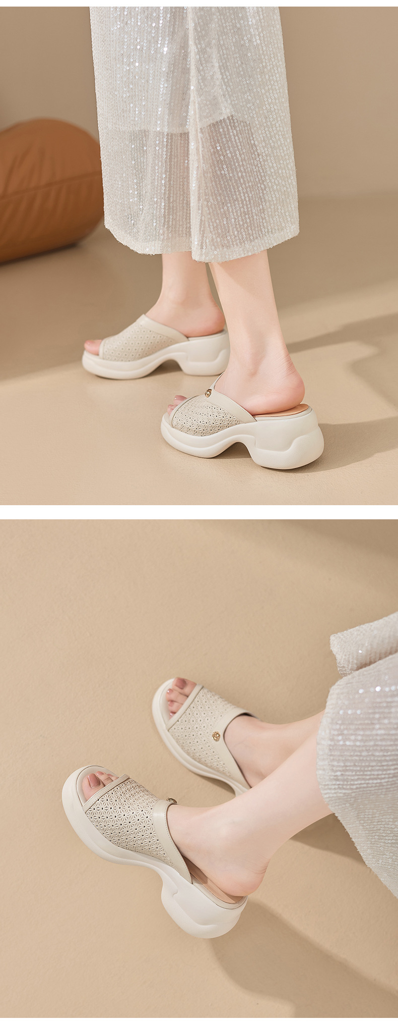 Sandal cao gót nữ mũi hở đế dày 6,5 cm phong cách đơn giản — màu trắng ngà chi tiết 4