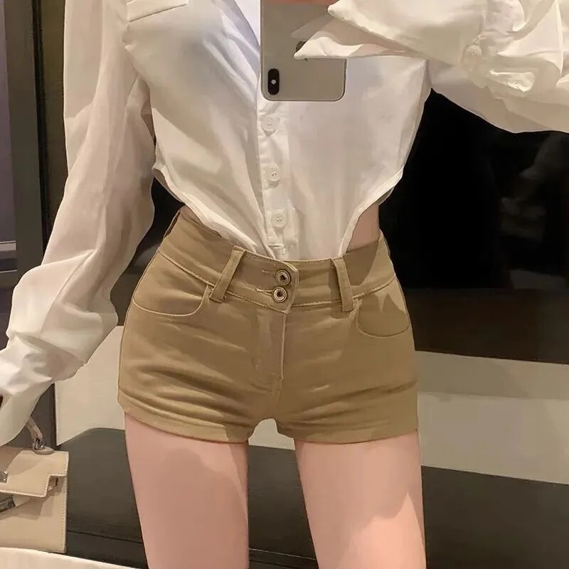 Khaki Mid-High Waist Slimming Denim Ultra-Short Shorts for Hot Girls in Summer, Lazy Straight-Leg Casual Straight-Leg Pants for Hot Girls
