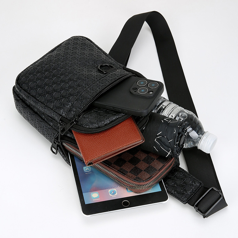 Bolso de pecho de moda de tejido de hombre, gran capacidad de cuero PU, bolso de hombro resistente al desgaste, multicapa simple, bolso de mano casual.