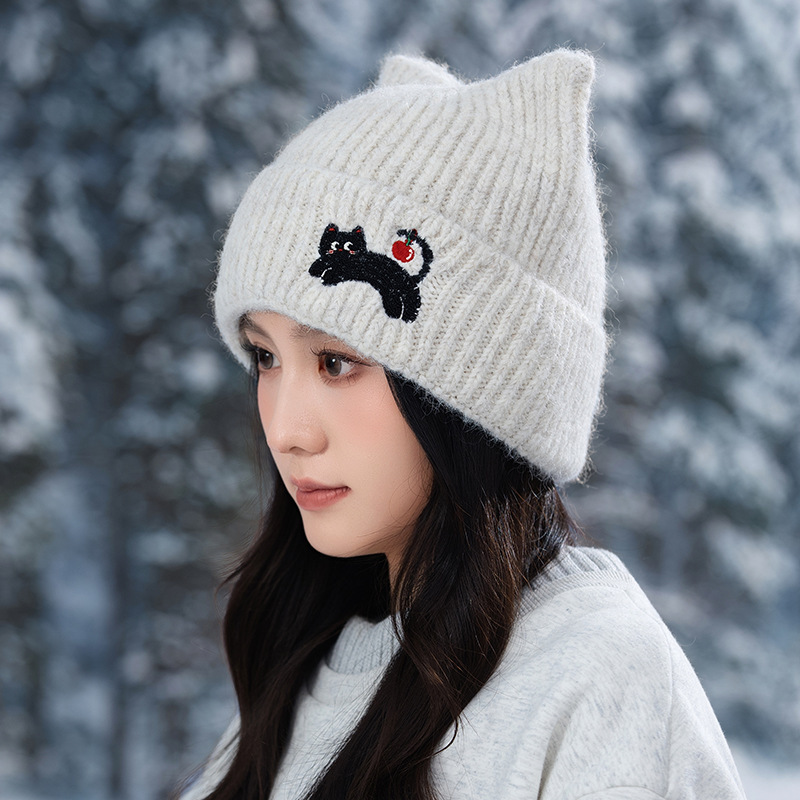 冬季帽子女款甜美可爱猫咪刺绣耳朵毛线帽保暖加厚包头护耳针织帽|undefined