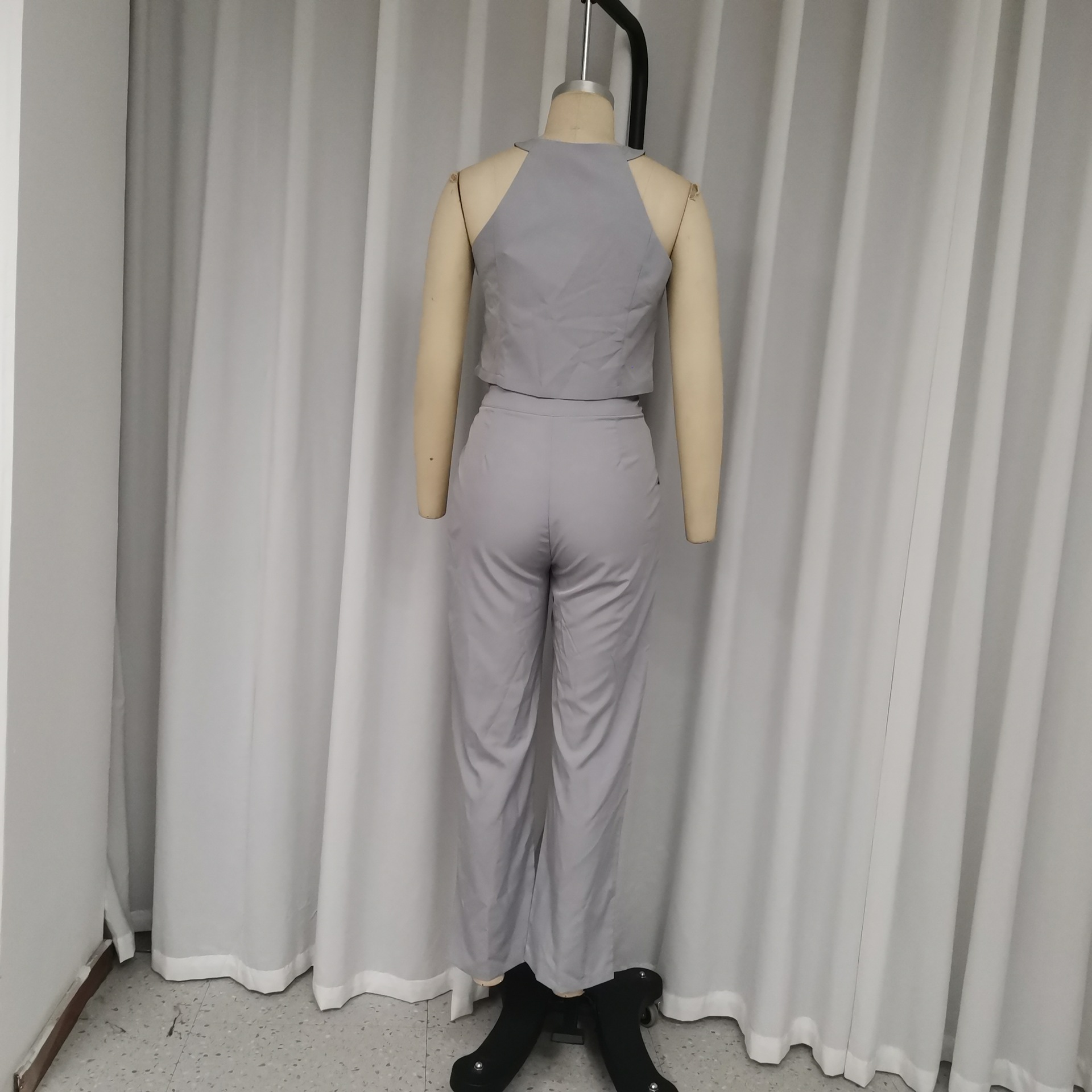 Women Suit Button Sleeveless Top Two Piece Pants