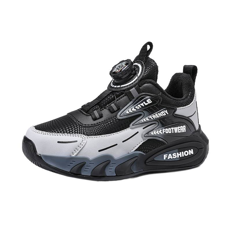 Zapatos para niños, primavera y otoño 2025, nuevos tipos de calentamiento de terciopelo, botón giratorio de cuero impermeable y antideslizante zapatos para correr