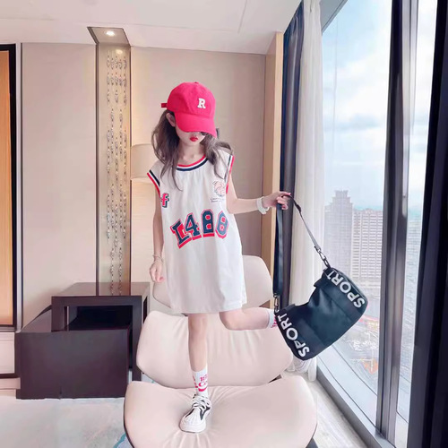 Girls' Summer Dress 2024 New Middle-Size Children Korean Style Trendy Sleeveless Blouse Dress with Back Heart Long T-Shirt Skirt