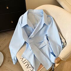 新品2025春夏长袖衫好看单穿小上衣设计感不规则收腰翻领衬衫女