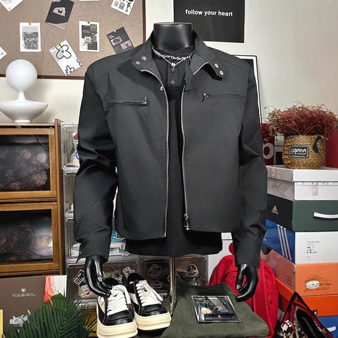 Harrington Short Blazer Men's European High-End Long-Sleeve Padded Shoulder Jacket with Stand Collar and Multiple Pockets Windbreaker Motorcycle Jacket