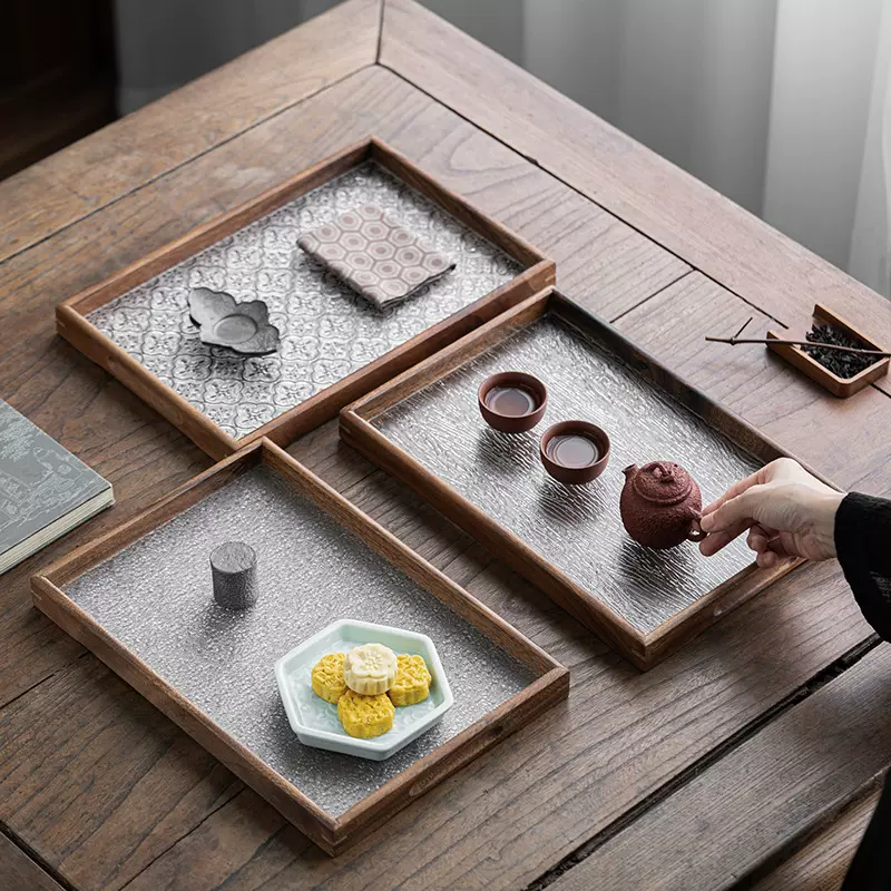 复古海棠花玻璃托盘长方形家用点心木质放茶水杯子茶具托盘茶盘
