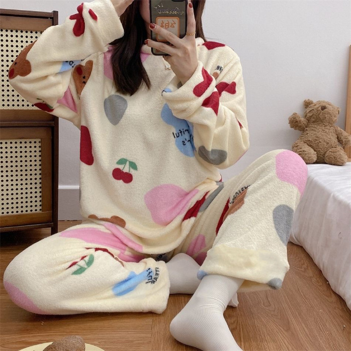 Otoño y invierno pijama de mujer punto pequeño conejo flanel engrosado dulce dibujos animados casuales manga larga cálida coral conjunto de terciopelo