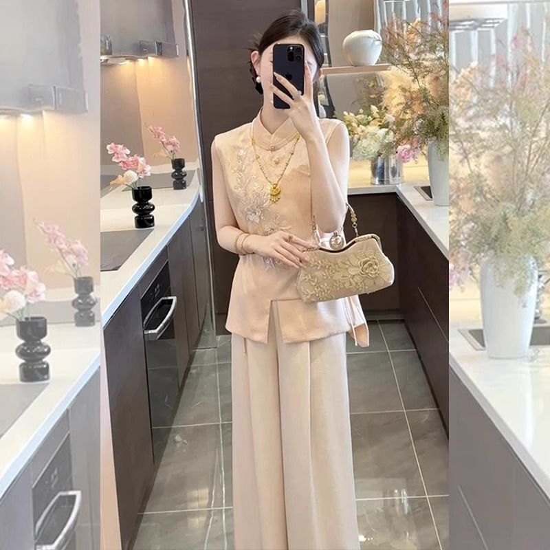 夏季洋气一整套女新中式改良旗袍无袖上衣阔腿裤子感时尚套装|undefined