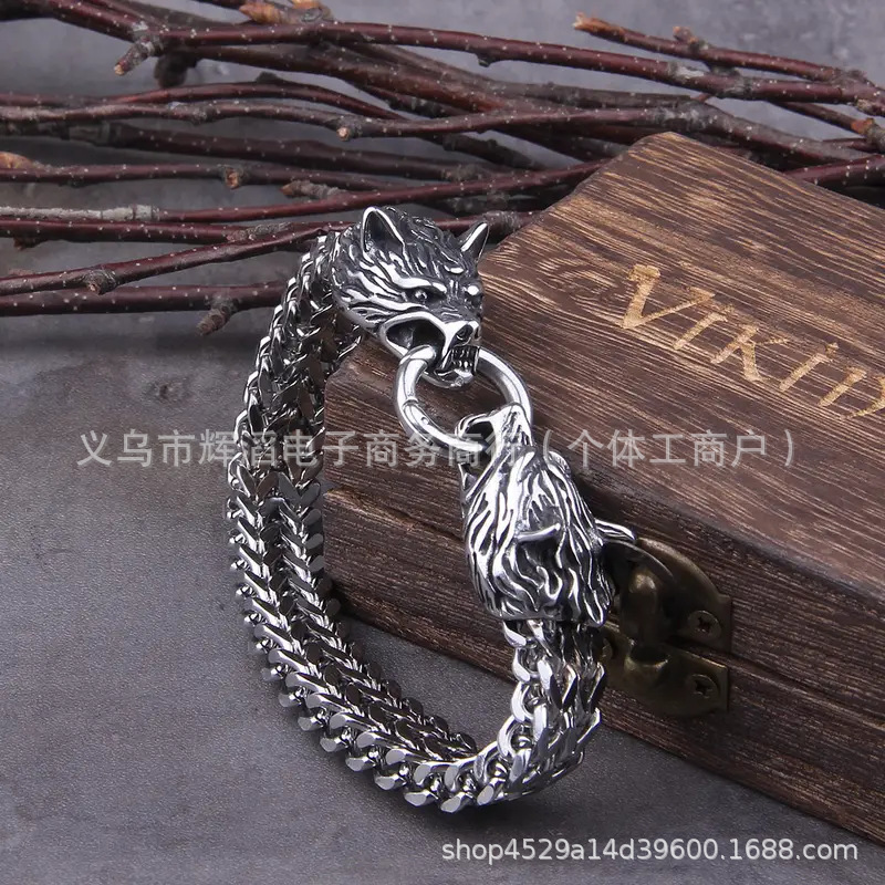 New stainless steel nordic men's bracelet titanium steel hip hop bracelet nordic domineering wolf head viking chain
