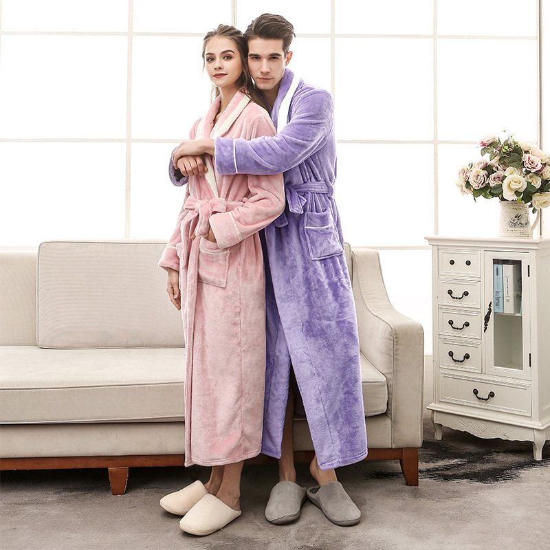 Autumn and Winter New Thickeneded and Lengthened Large Size Mink Velvet Couple's Nightgown for Men and Women Spliced Flannel Bathrobe