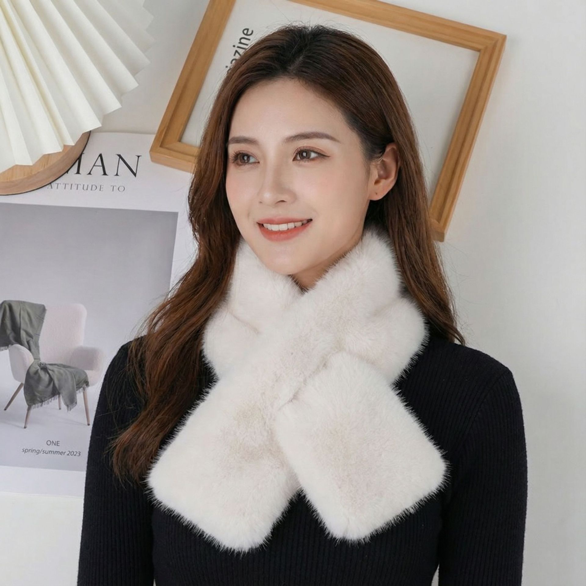 跨境交叉围巾毛茸茸交叉毛绒女仿獭兔毛围脖毛毛领假领子蝴蝶结活