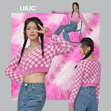 UIUC甜辣2022女裝秋裝學院風粉色棋盤格短針織紐扣開衫毛衣外套女