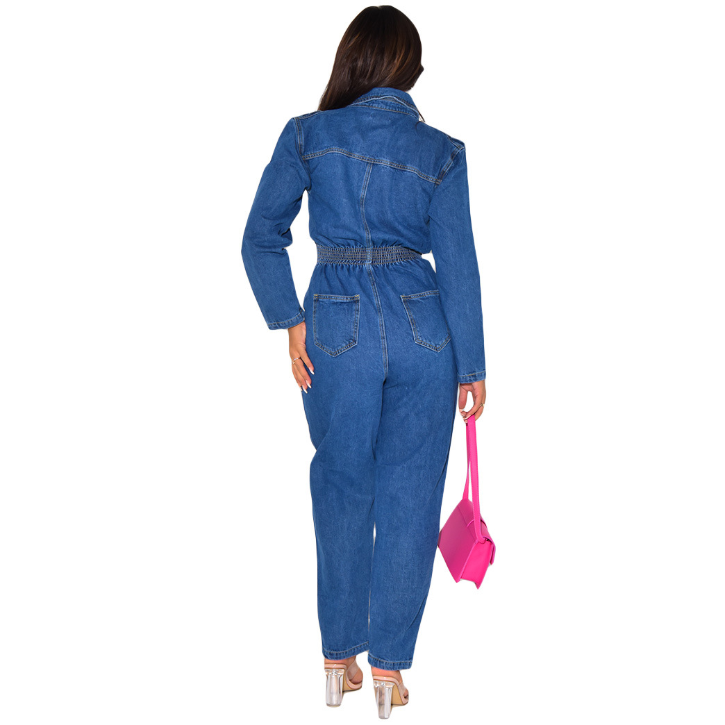 Women's Clothing ins Internet celebrity same style sexy suit collar denim jumpsuit in stock_voghion.com