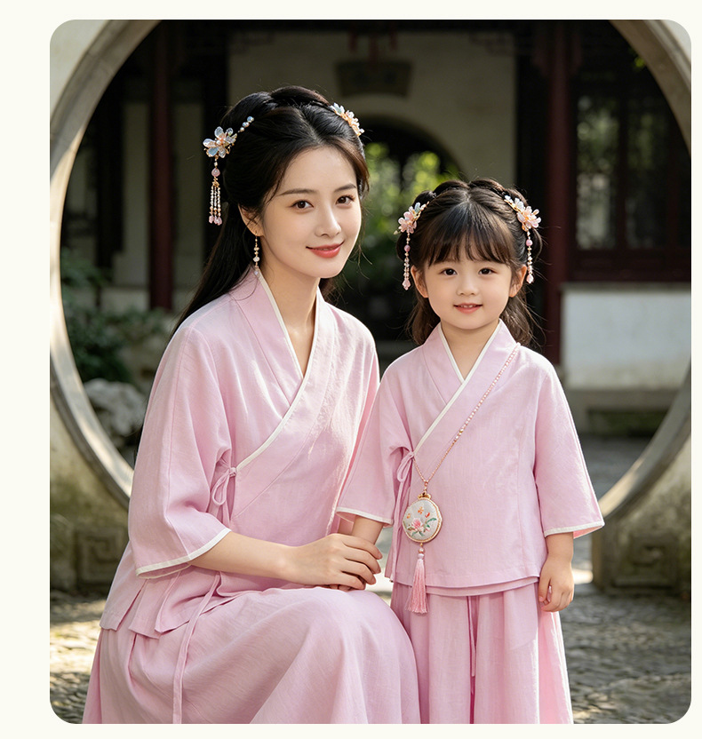 Váy mẹ con Hán phục cải tiến tay lỡ mùa hè chất liệu lanh pha sợi Lyocell phong cách Tân Trung Quốc — Màu hồng - Váy chi tiết 17