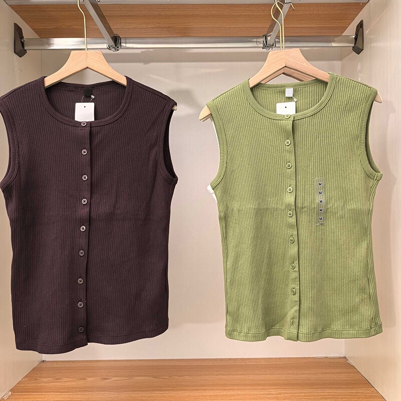 Women's Casual Slim-Fit Button-Front T-Shirt Vest Sleeveless Cardigan Round Neck Top 26 Spring/Summer Style 484226