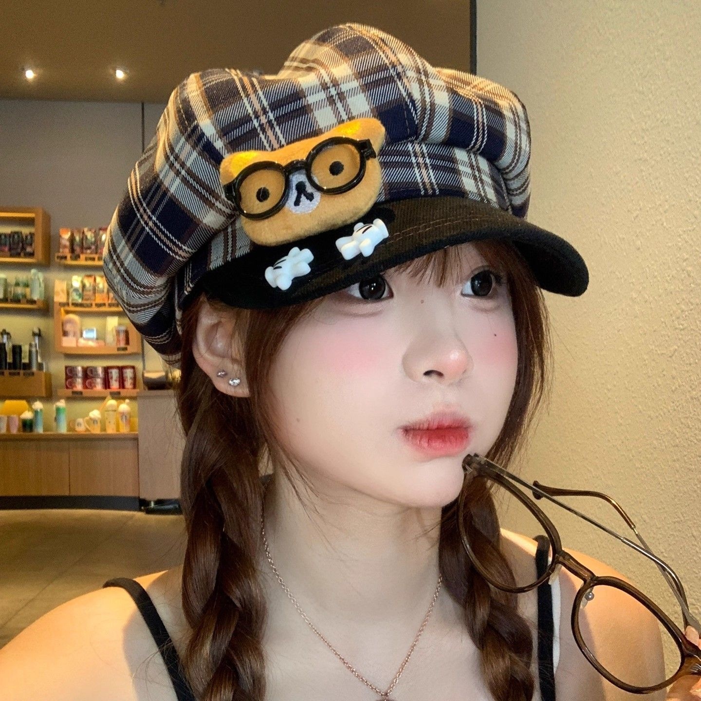 Cute Cartoon Bear Beret Hat For Women Plaid Octagonal Cap Style_voghion.com