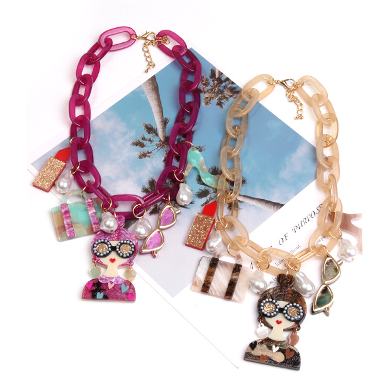 欧美跨境时尚个性小配件夸张长款项链女复古拼色亚克力美人头项链详情4