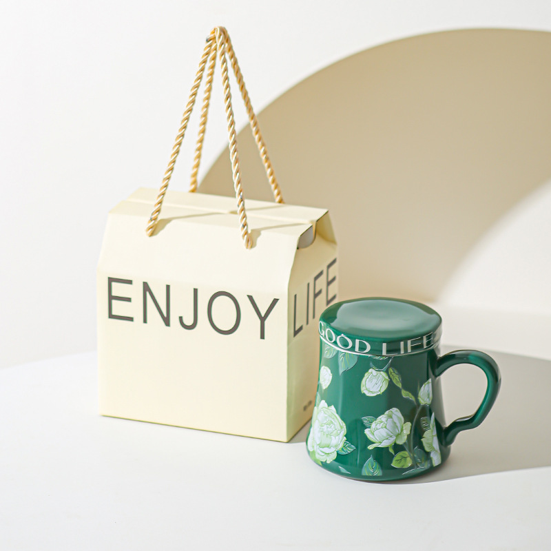 Taza de agua de cerámica de orquídea de campana, taza de café de gran capacidad, taza de desayuno con tapa de diseño, taza de café