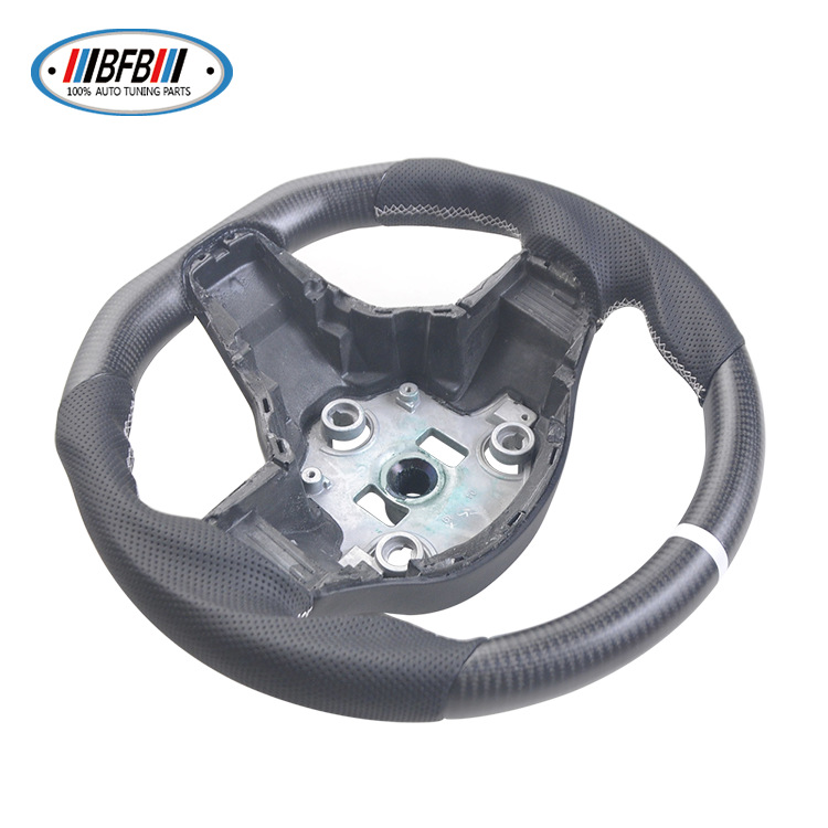 100% Real Carbon Fiber Matte Steering Wheel with Black Perforated Leather and White Stitching and White Logo - For Tesla Model Y - Modification