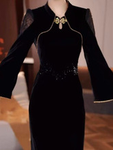 高级时尚中式连衣裙礼服显瘦新款气质长袖收腰显瘦遮肉中长裙