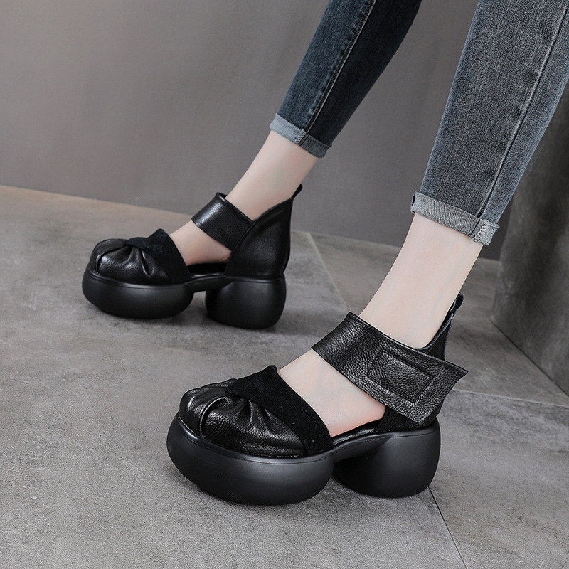Sandal cao gót nữ da bò thật phong cách La Mã, gót to bản, đế dày, khóa dán — màu đen