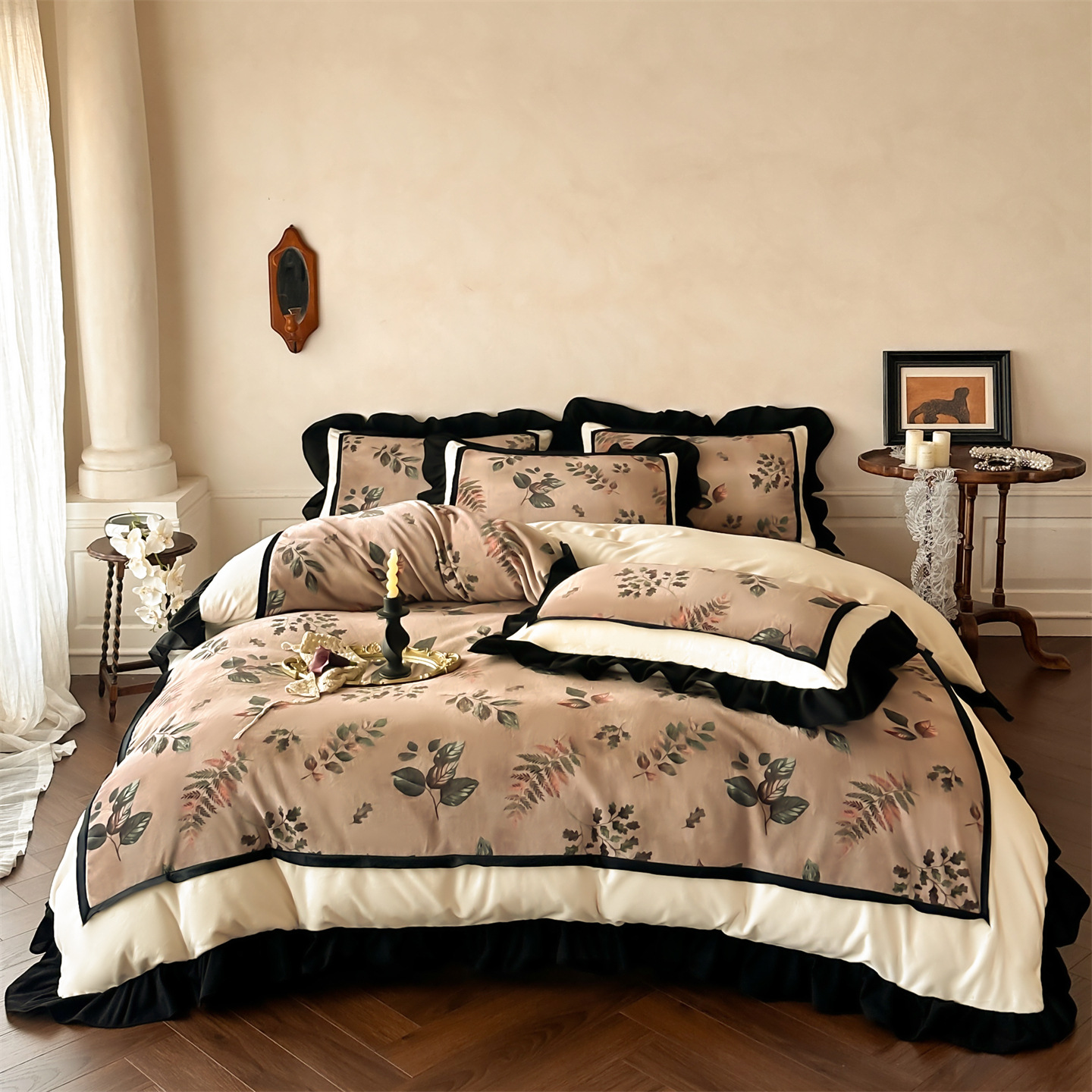 Conjunto de cama vintage nórdico francês boho clássico outono inverno veludo grosso e quente cor leite renda francesa quatro peças com lençol e edredom_voghion.com
