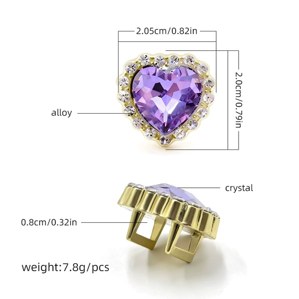 Golden love heart with diamond rim, peach heart and purple diamond shoe buckle - 20mm/piece