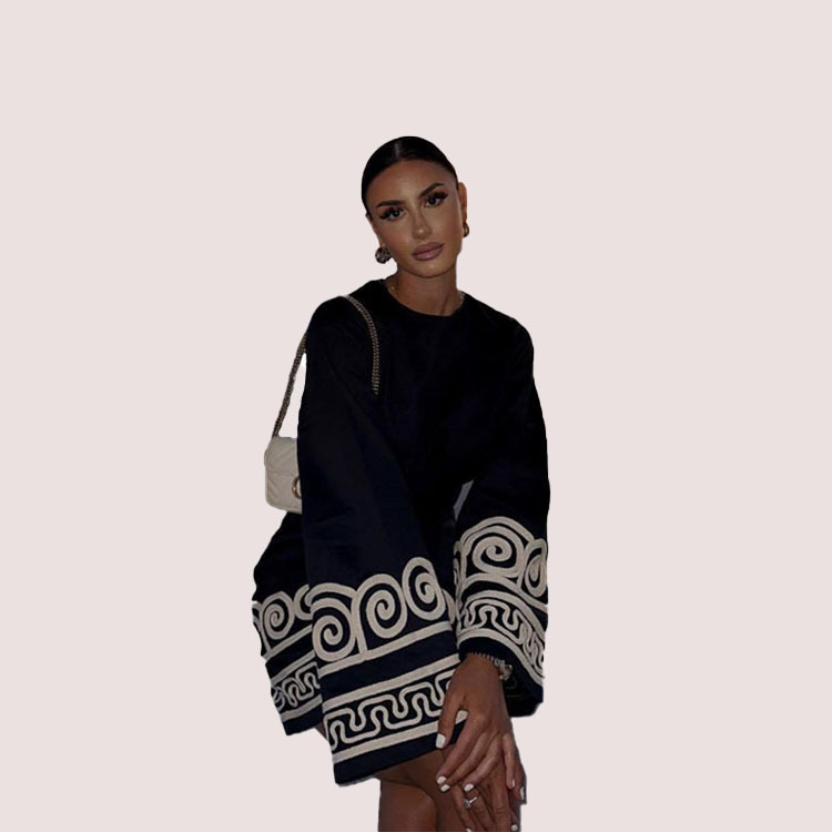 亚马逊爆款跨境独立站新款2023民族风时尚休闲抽象花纹圆领连衣裙